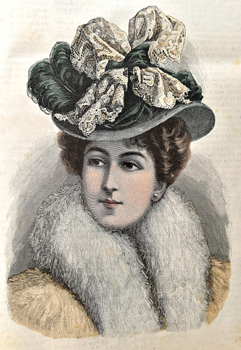 Women wearing vintage elegant hat. Antique fashion engraving from 1899, France, Paris