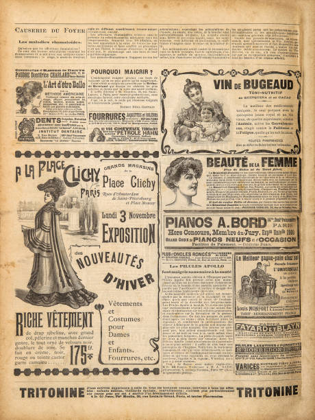 fond papier utilisé. ancienne page de journal publicité vintage - tradition française photos et images de collection