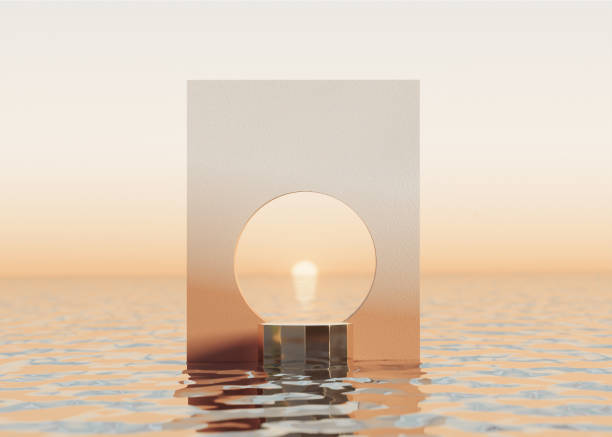 istock 3D background,podium display on water, ocean, sea sunset, Pastel orange circle frame. Cosmetic, beauty product promotion mockup. Natural outdoor step pedestal. Summer  3D render illustration. 1321917433