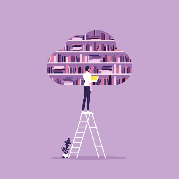 ilustraciones, imágenes clip art, dibujos animados e iconos de stock de biblioteca en la nube y concepto de educación en línea - library