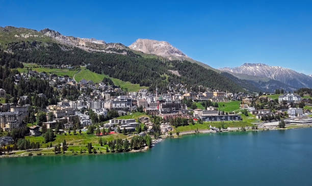 Aerial panorama of St. Moritz (Sankt Moritz), high Alpine resort town in the Engadine, Graubunden, Switzerland. Aerial view of St. Moritz, Switzerland graubunden canton stock pictures, royalty-free photos & images