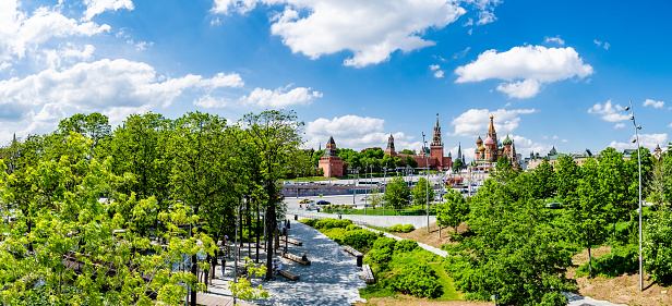 Moscow - view to The Kremlin from Zaryadye Park. Saint Basil's Cathedral and Church of All Saints na Kulichkakh are on the background.