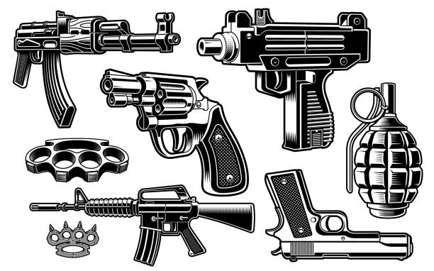 A set of black and white vector illustration of weapon A set of black and white vector illustration of weapon isolated on white background ak 47 bullets stock illustrations