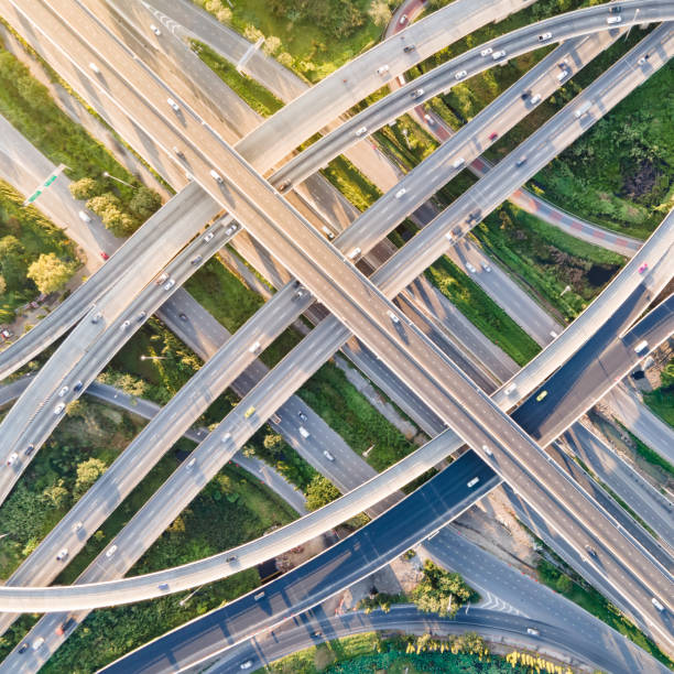 istock Aerial view of road interchange or highway intersection 1321926166