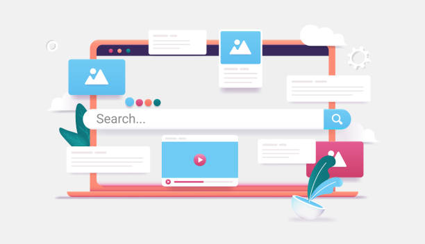 mesin pencari di layar komputer - ilustrasi vektor 3d laptop dengan pencarian internet dan hasil bermunculan - alamat web foto ilustrasi stok