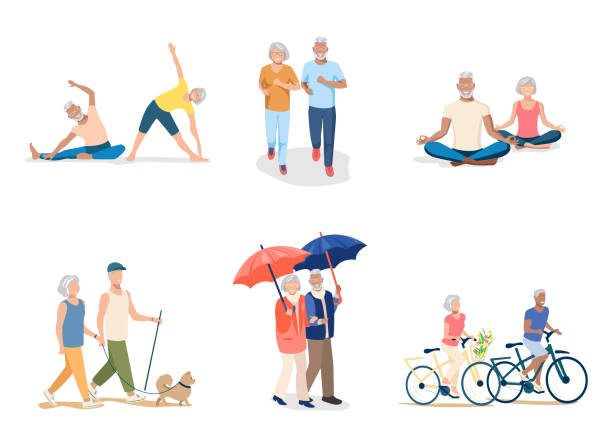 ilustrações, clipart, desenhos animados e ícones de idosos ativos - senior couple senior adult pension couple