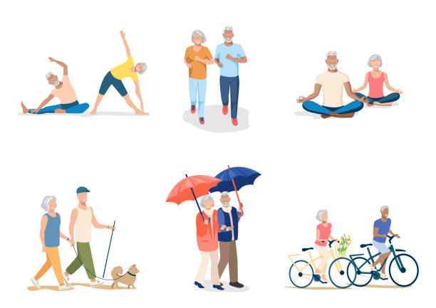 Active elderly people Active elderly people walk, run, ride bicycles, do gymnastics, do yoga. Set of vector illustrations of active elderly couple. retirement stock illustrations