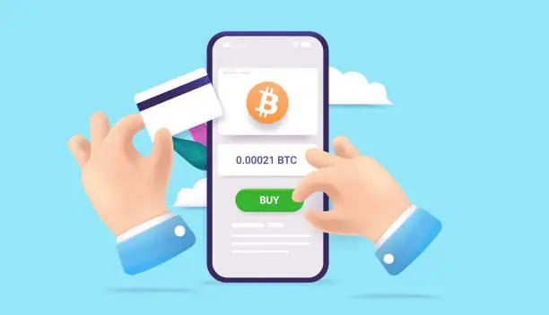 Vector illustration of Buying Bitcoin with credit card online on smartphone