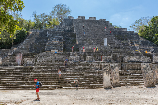 calakmul, mexico-march 11, 2018: Visitors of the Mayan ruins of Calakmul, Campeche, Mexico