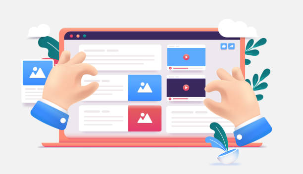 web 內容建立 - 用影像、文字和視訊建構使用者介面的插圖 - 網頁設計員 幅插畫檔、美工圖案、卡通及圖標