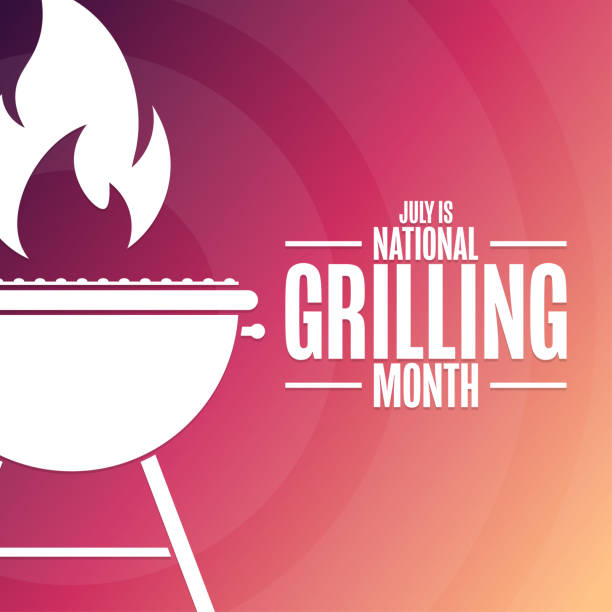 July is National Grilling Month. Holiday concept. Template for background, banner, card, poster with text inscription. Vector EPS10 illustration. July is National Grilling Month. Holiday concept. Template for background, banner, card, poster with text inscription. Vector EPS10 illustration appliance fire stock illustrations