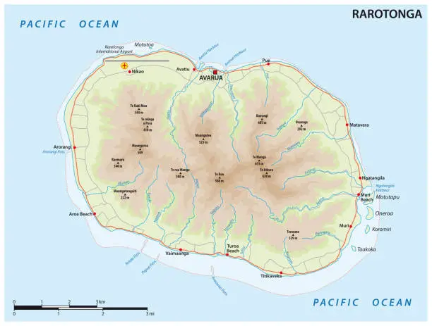 Vector illustration of vector map of the Pacific volcanic island of Rarotonga, Cook Islands
