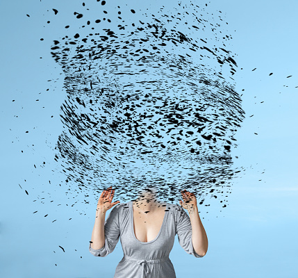 Overthinking concept presented as tornado in woman's head.