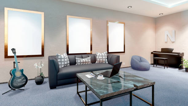 istock Light spacious interior with a sofa, coffee table, piano and guitar, 3D rendering, 3D illustration. 1321942479