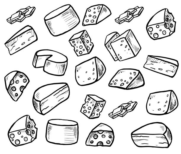 Hard Cheese Doodle set Hard Cheese Doodle set cheese drawings stock illustrations