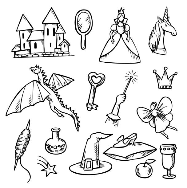 World of Fantasy and Magic Doodle Set World of Fantasy and Magic Doodle Set. Vector illustration. mirror object drawings stock illustrations