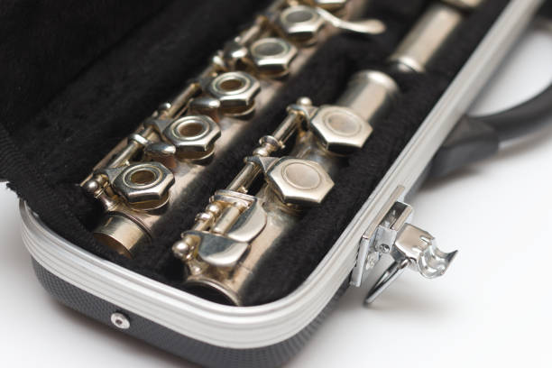 istock Side view of an open case with a flute lying in it with large keys close-up 1321945205