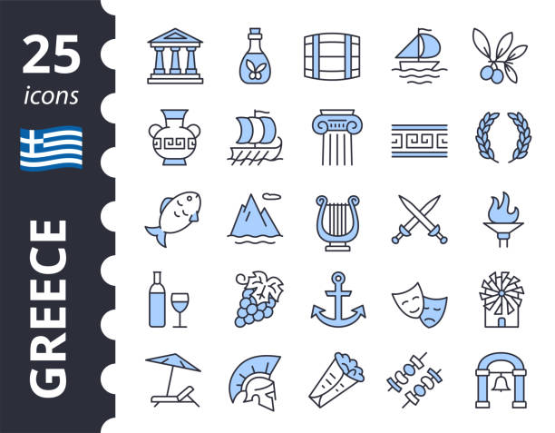 Greece, greek culture - icon set.  Vector line symbols collection. Historical, state, art, food signs. Greece, greek culture - icon set.  Vector line symbols collection. Historical, state, art, food signs. rome italy sign symbol stock illustrations