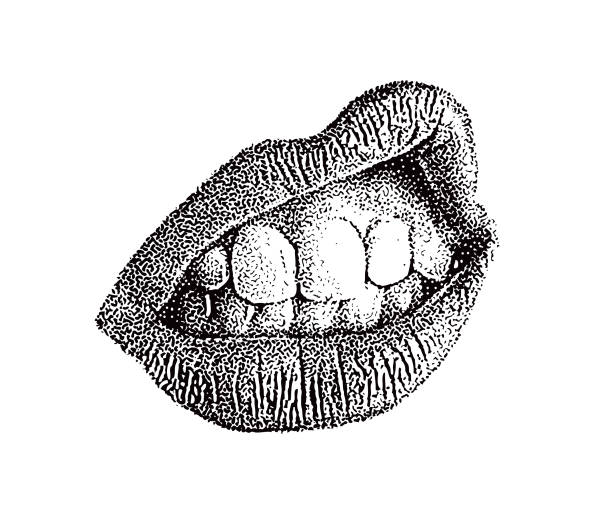 ilustraciones, imágenes clip art, dibujos animados e iconos de stock de primer plano de los labios y los dientes de la mujer - gruñir