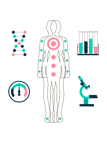 Biohacking laboratory research concept human flat vector illustration. Icons. Vital signs based on the study of the human genome. balanced using dietary supplements