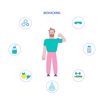 Biohacking vector illustration. Flat tiny self improvement persons concept. Biological health engineering using hacker ethic and anatomical AI monitoring. Grinder approach that affects organs wealth. full color. innovative help not to grow old