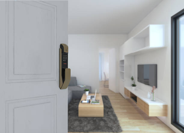 istock Digital door lock installed on wood door for security and access the room. 1321950874