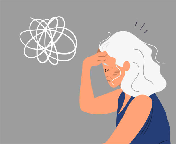 Eldery gray-haired woman with dementia. Eldery gray-haired woman with dementia and bewildered thoughts in her mind. Concept of memory loss  anf fight with amnesia and mental disorder. Vector illustration. sad old woman stock illustrations
