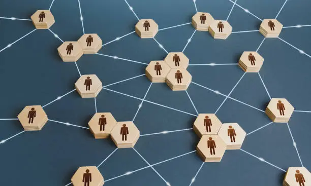 Photo of Network of interconnected people. Interactions between employees and working groups. Social business connections. Networking communication. Decentralized hierarchical system of company. Organization
