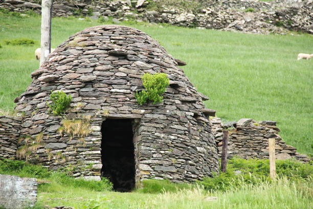 Early medieval stone-built round house clochain (beehive hut) on Dingle Peninsula, Kerry, Ireland. A Clochain is a dry-stone hut with a corbelled roof, commonly associated with the south-western Irish stock photo