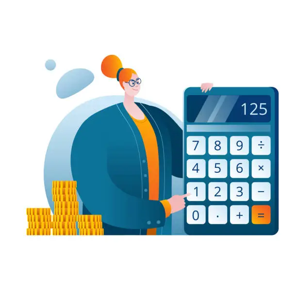 Vector illustration of A woman in a business suit counts the profit on a calculator.