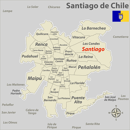 Vector map of Santiago de Chile with communes and neighbouring cities