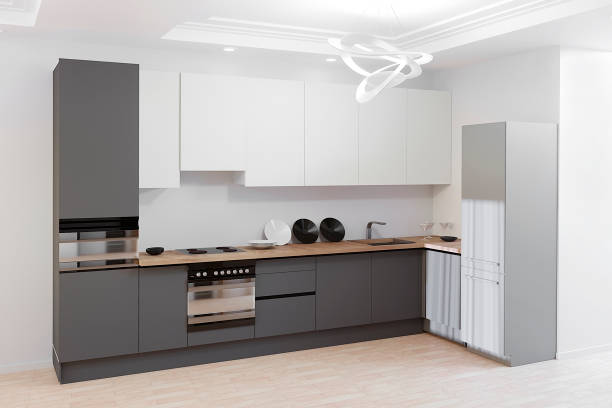 istock 3d render of modern kitchen, white and graphite colors. 1321976244