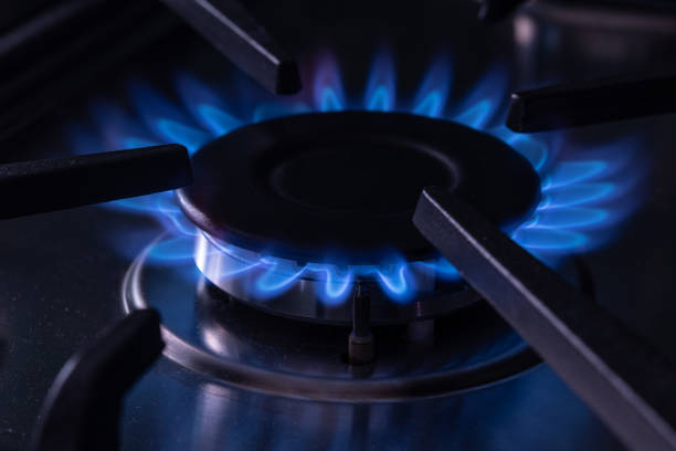 istock Stove lit with bluish natural gas fire kitchen 1321977786