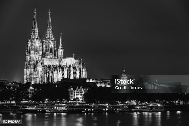 Cologne Germany View Of Cologne Cathedral Catholic Gothic Cathedral In Night Unesco World Heritage Site Black And White Colors Stock Photo - Download Image Now