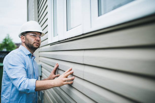 Building inspector checking the windows of a residential building Building inspector at work. He is inspecting the windows of a residential building. siding building feature photos stock pictures, royalty-free photos & images