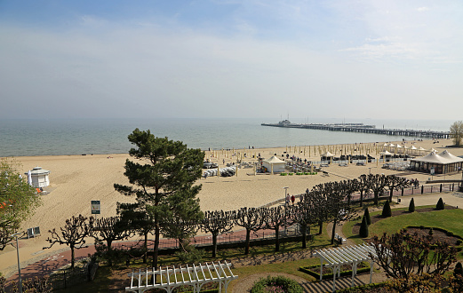View at the beach and historic pier from Grand Hotel, Sopot, Poland - 27 April 2019