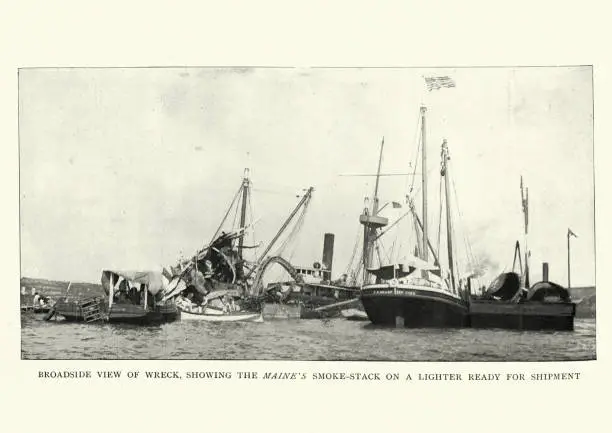 Vintage photograph  of Salvaging parts of the Wreak of the of USS Maine. USS Maine was a United States Navy ship that sank in Havana Harbor in February 1898, contributing to the outbreak of the Spanish–American War in April.