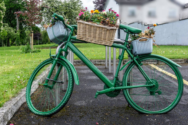 stary rower przebudowany, pomalowany na zielono, a teraz używany jako uchwyt na rośliny. - clondalkin zdjęcia i obrazy z banku zdjęć
