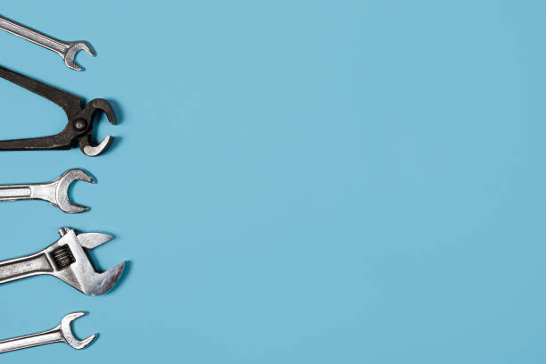 istock Happy father's day banner with copy space. Man or husband concept. Different wrenches on blue background. Happy labor day. 1321995400