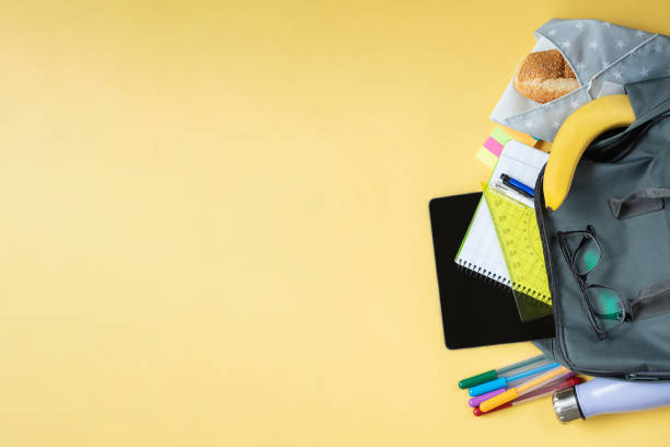 istock Side top view of students backpack with school supplies 1321998526