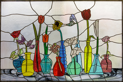 Stained Glass Window Panel of Flowers in Vases