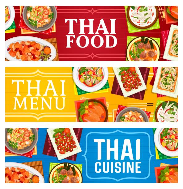 thailand küche restaurant essen vektor banner - sweet and sour chicken chicken rice vegetable stock-grafiken, -clipart, -cartoons und -symbole