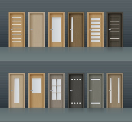Interior doors vector realistic design elements for room or office decoration, 3d wooden brown and grey doorways with metal doorknobs and glass windows. Domestic or hotel closed residential doors set