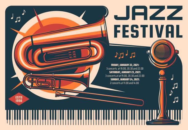 ilustraciones, imágenes clip art, dibujos animados e iconos de stock de festival de jazz, estandarte retro de interpretación de música en vivo - musical staff music piano blue