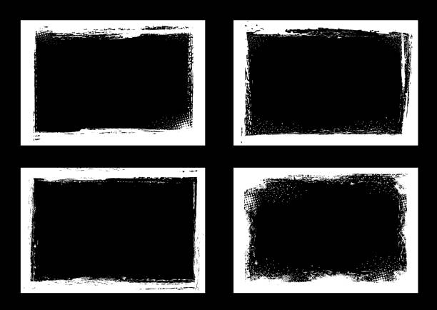 Grunge frames and borders, black white halftone Grunge frames and borders, black and white halftone vector background. Grunge frame with rough texture edges, brush paint strokes and scratches, white dirt, splatter and chalk splash pattern rectangle stock illustrations