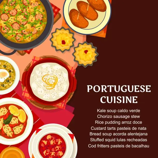 Vector illustration of Portuguese food menu cover, Portugal cuisine dish