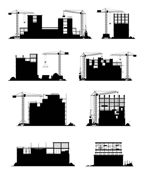 건설 현장 실루엣, 건물, 장비 - silhouette crane construction construction site stock illustrations