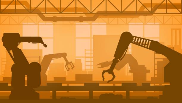 industrieroboter der produktionsstätte - industriehalle stock-grafiken, -clipart, -cartoons und -symbole