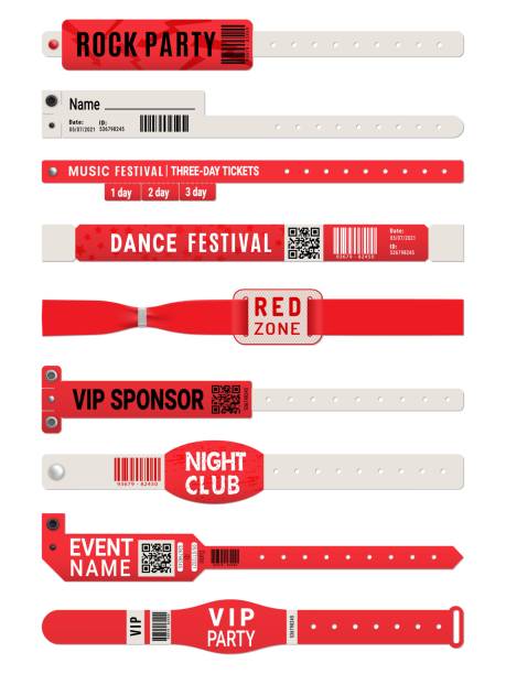 Event access bracelet or wristband mockups Event access bracelet or wristband realistic vector mockups. Isolated paper or plastic wrist bands, 3d white and red VIP tickets of night club party, music festival concert, cinema and carnival show bracelet stock illustrations