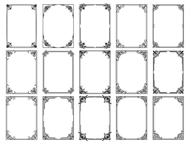 Vintage floral frames with flower ornament borders Vintage floral frames with vector borders of black flower ornaments. Filigree frames with corners of royal lilies, victorian flourishes and scrolls, wedding card and certificate decorative elements victorian frame border stock illustrations